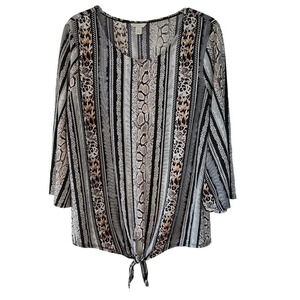 Cato Animal Print Tie Front Top Shirt Women Size L Long Sleeve Scoop Neck